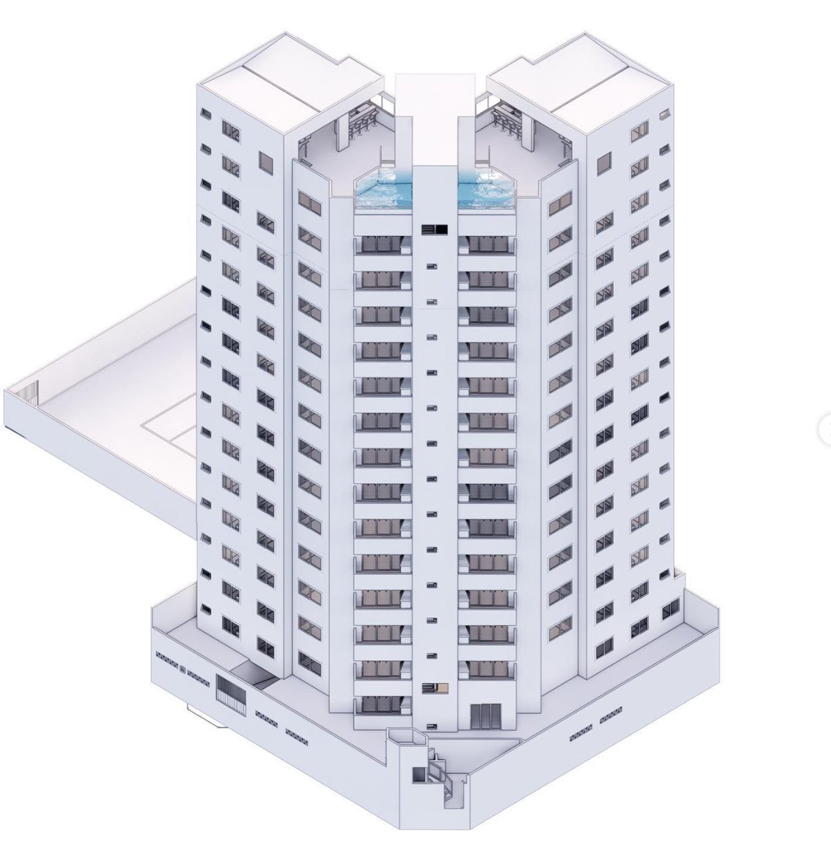 Modelo BIM de edifício residencial no Revit, modelado a partir da planta CAD