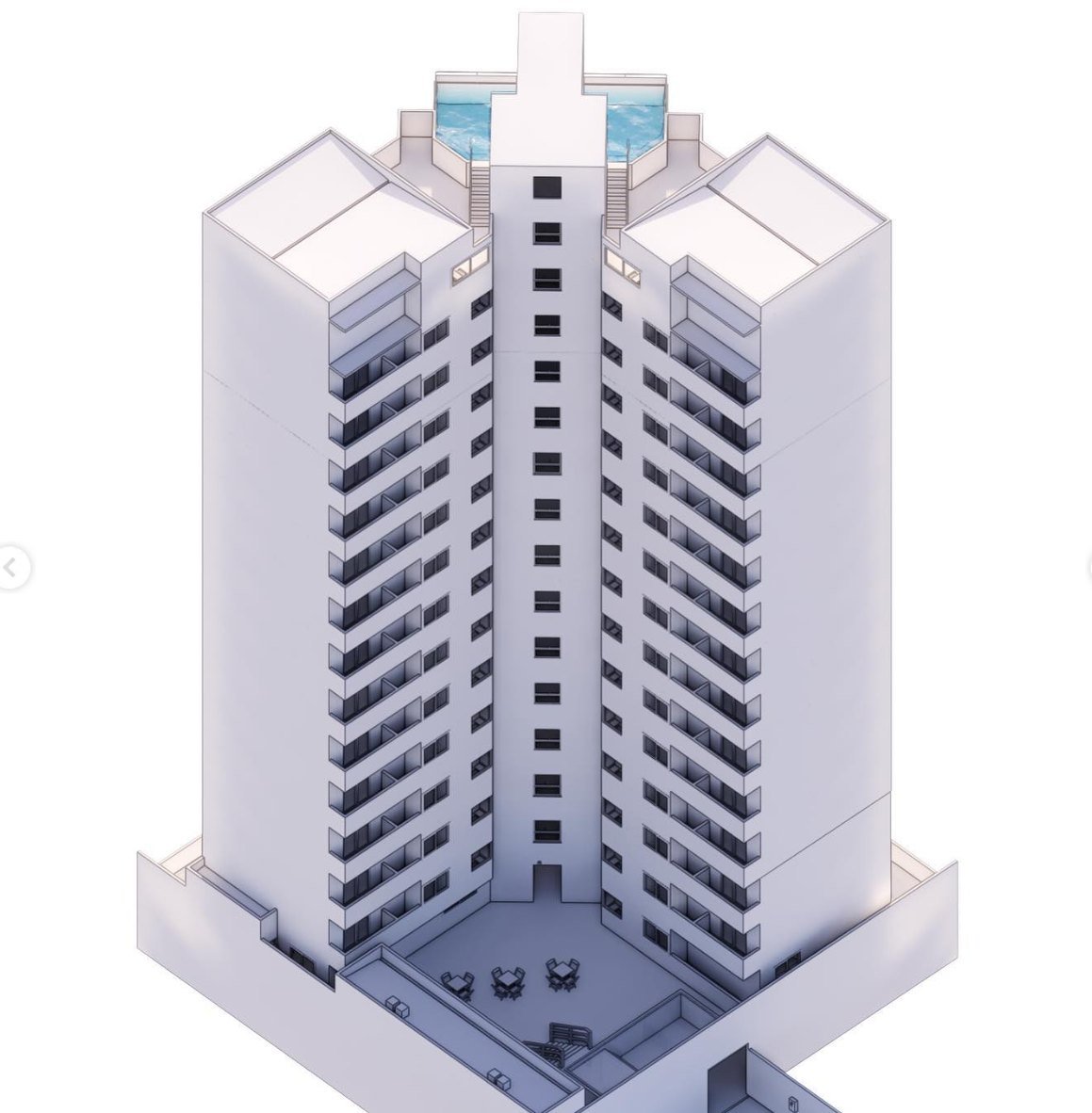 Torre residencial modelada no Revit vista de cima, com piscina na cobertura